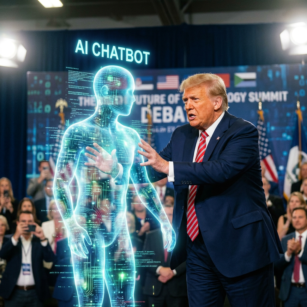 Political figure in suit interacting with glowing human-shaped AI chatbot hologram