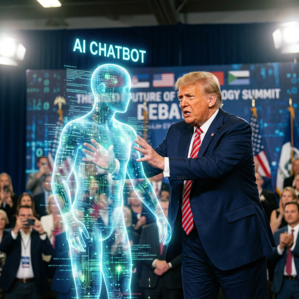Political figure in suit interacting with glowing human-shaped AI chatbot hologram
