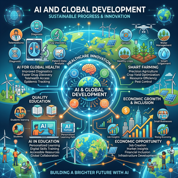 Infographic illustrating AI-driven innovations in healthcare, smart farming, education, and economic growth worldwide