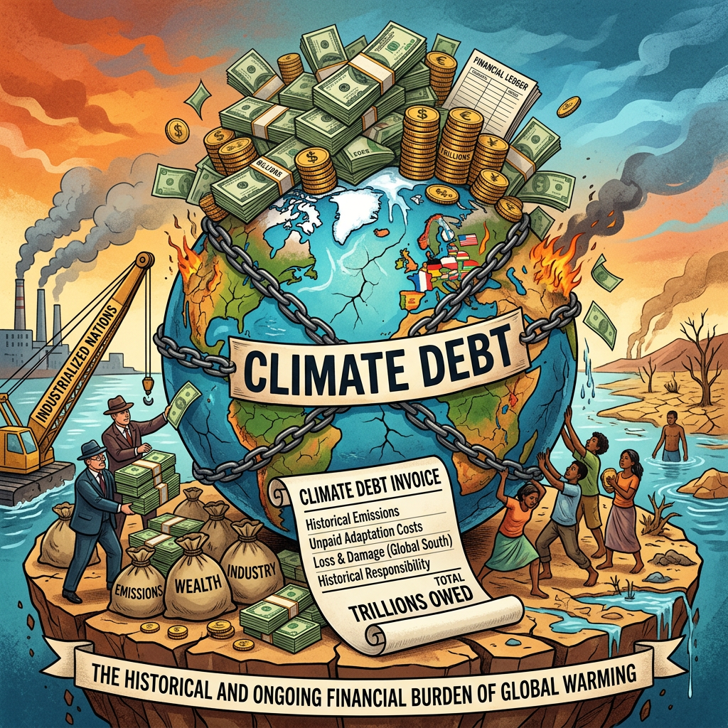 Earth chained and labeled Climate Debt with money piles and people struggling