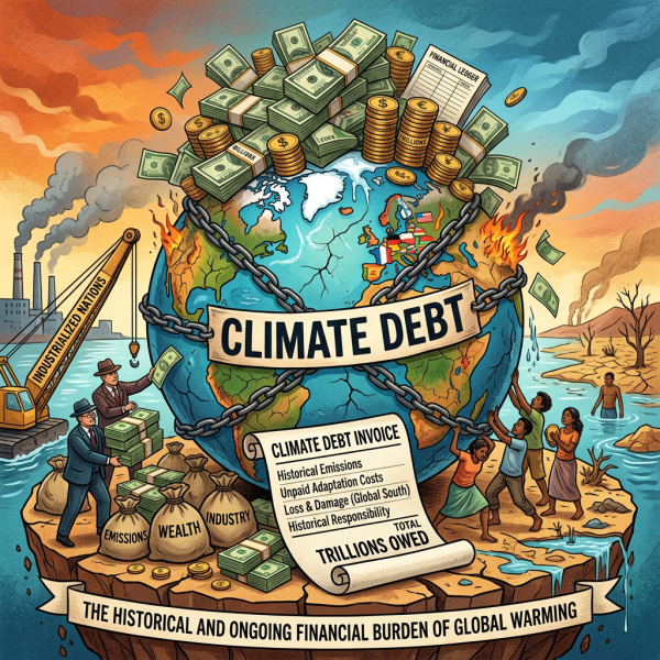 Earth chained and labeled Climate Debt with money piles and people struggling