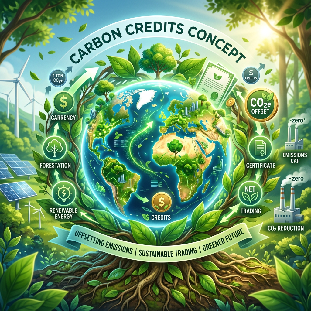 Graphic showing carbon credits concept with earth, renewable energy, forestation, certificates, and emissions reduction