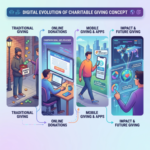 Four panels showing traditional giving with cash donation, online donations via computer, mobile giving through an app, and futuristic impact and transparency with AI and blockchain technology.