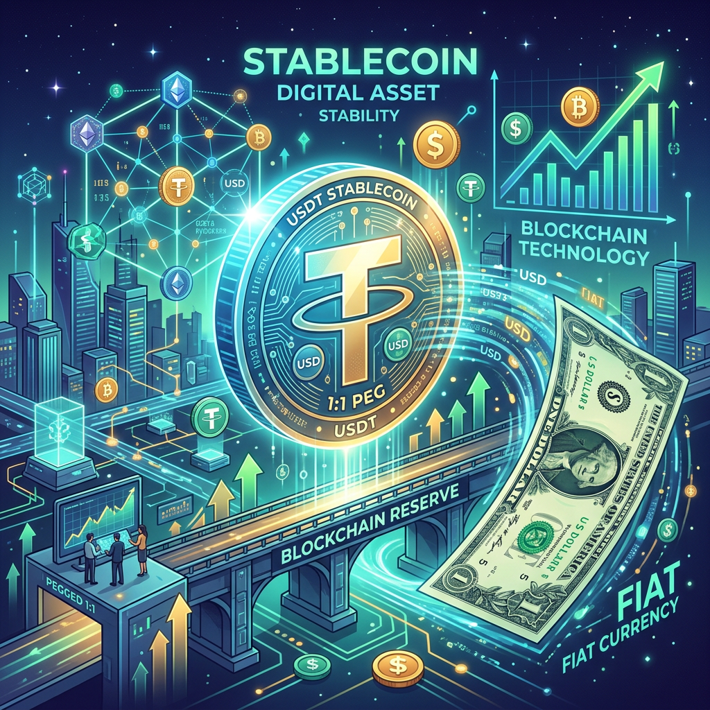 USDT stablecoin surrounded by blockchain, fiat currency, and cryptocurrency symbols