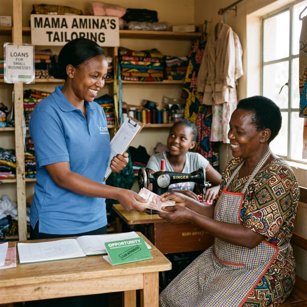 Woman handing money to a tailor in a sewing shop with a young assistant