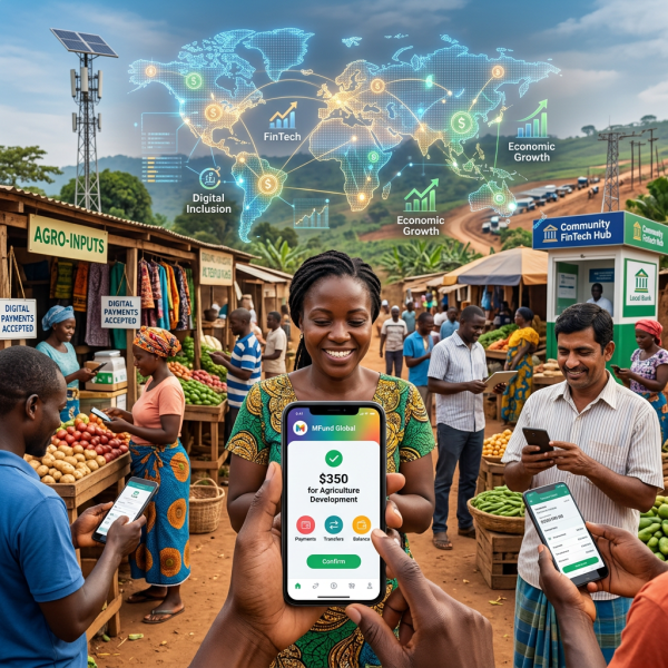 Rural market scene with people using smartphones for digital payments and agriculture development