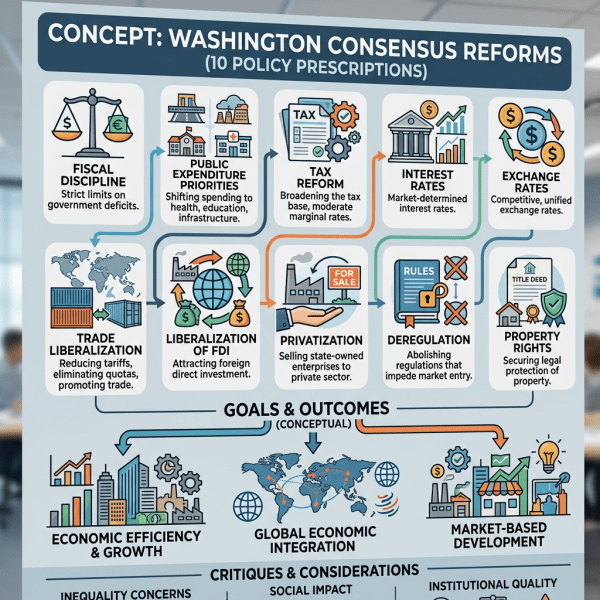 Diagram of Washington Consensus reforms with ten policy prescriptions and related economic goals