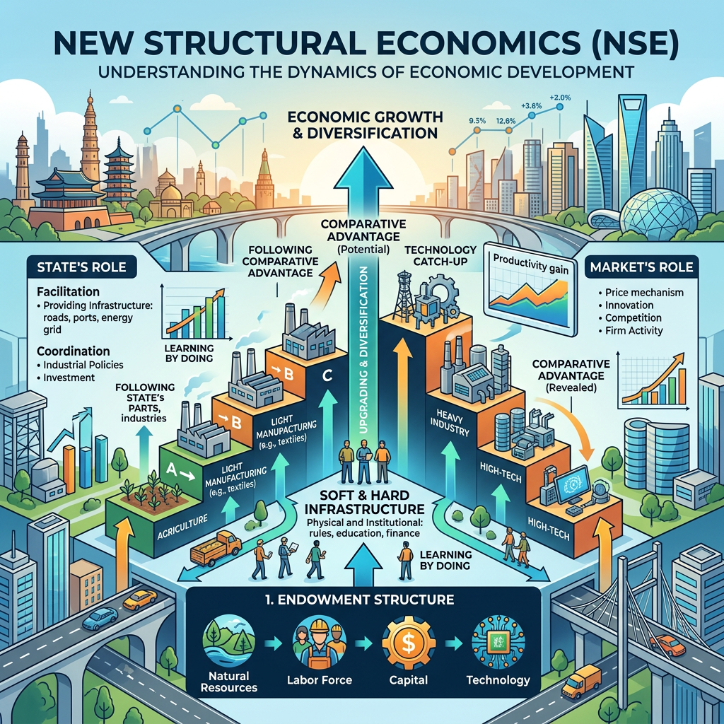 Diagram of economic development showing state and market roles, infrastructure, and industry sectors