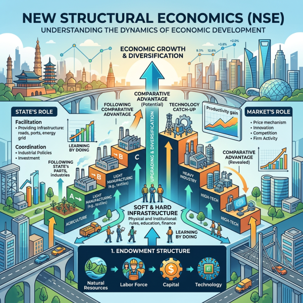 Diagram of economic development showing state and market roles, infrastructure, and industry sectors